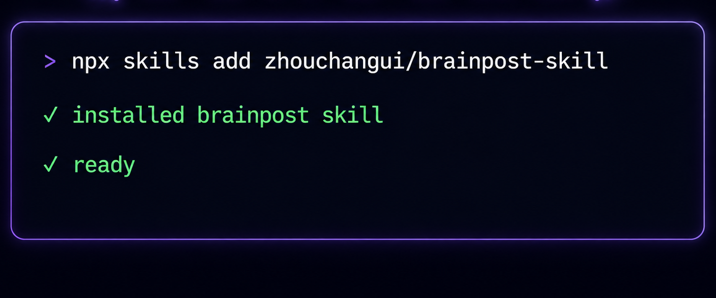 带有 CONSOLE 标识的 BrainPost NPX Skill 安装界面